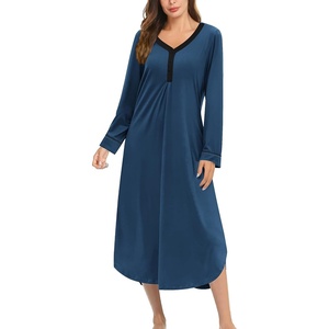 Ekouaer Long Sleeve Nightgowns for Women Button Front Long Night Gowns(Navy)