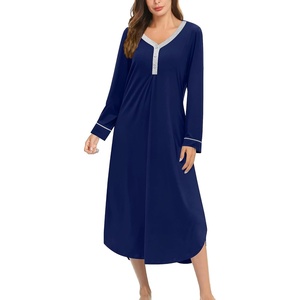 Ekouaer Long Sleeve Nightgowns for Women Button Front Long Night Gowns(Navy Blue)