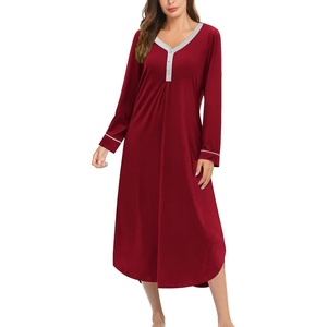 Ekouaer Long Sleeve Nightgowns for Women Button Front Long Night Gowns(Red)