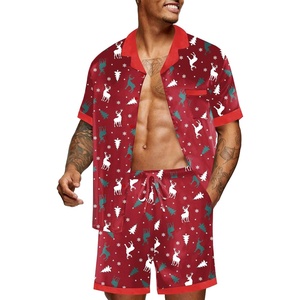Ekouaer Men Silk Pajamas Set 2 Pieces Satin Pj Button Down Loungewear Sets(Red Christmas)