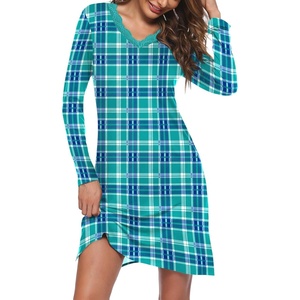 Ekouaer Nightgowns for Women Long Sleeve Sleep Shirt Sexy Lace Night Shirt(Blue Plaid)