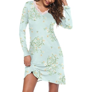 Ekouaer Nightgowns for Women Long Sleeve Sleep Shirt Sexy Lace Night Shirt(Light Green Floral)