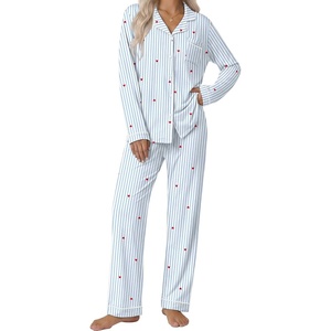 Ekouaer Pajamas Womens Long Sleeve Sleepwear Button Down Loungewear Pjs Set(Striped Blue Heart)