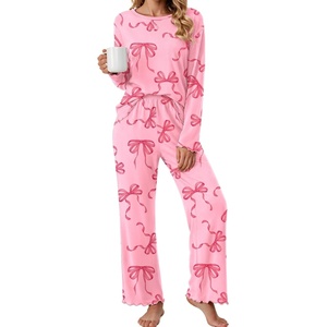 Ekouaer Pajamas for Women Set Long Sleeve 2 Piece Lounge Sets Fall Soft Pjs(Pink Bow)