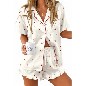 Ekouaer Silk Satin Pajamas for Women Button Down Pjs Shorts Set with Ruffle(Beige Cherry)