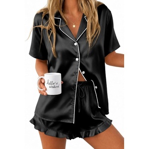 Ekouaer Silk Satin Pajamas for Women Button Down Pjs Shorts Set with Ruffle(Black)