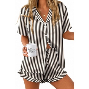 Ekouaer Silk Satin Pajamas for Women Button Down Pjs Shorts Set with Ruffle(Black Champagne Stripe)