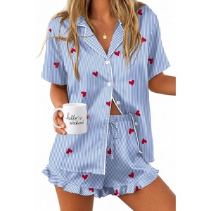 Ekouaer Silk Satin Pajamas for Women Button Down Pjs Shorts Set with Ruffle(Blue Stripe Heart)