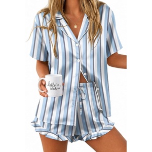 Ekouaer Silk Satin Pajamas for Women Button Down Pjs Shorts Set with Ruffle(Blue White Black Stripe)