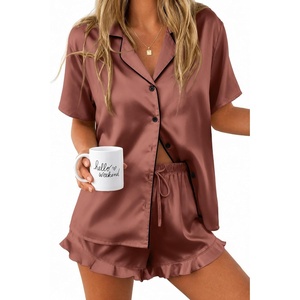 Ekouaer Silk Satin Pajamas for Women Button Down Pjs Shorts Set with Ruffle(Brown)