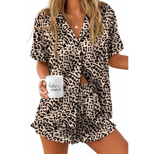 Ekouaer Silk Satin Pajamas for Women Button Down Pjs Shorts Set with Ruffle(Brown Leopard)