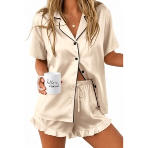 Ekouaer Silk Satin Pajamas for Women Button Down Pjs Shorts Set with Ruffle(Champagne)