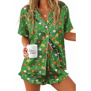 Ekouaer Silk Satin Pajamas for Women Button Down Pjs Shorts Set with Ruffle(Christmas Green)