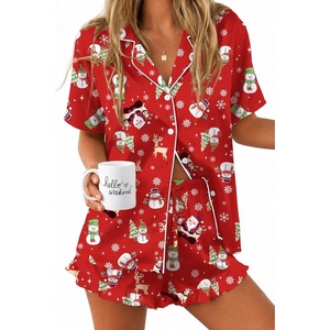 Ekouaer Silk Satin Pajamas for Women Button Down Pjs Shorts Set with Ruffle(Christmas Red)