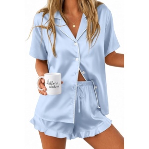 Ekouaer Silk Satin Pajamas for Women Button Down Pjs Shorts Set with Ruffle(Light Blue)