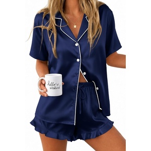 Ekouaer Silk Satin Pajamas for Women Button Down Pjs Shorts Set with Ruffle(Navy Blue)