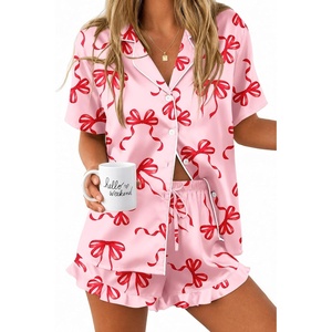 Ekouaer Silk Satin Pajamas for Women Button Down Pjs Shorts Set with Ruffle(Pink Bow)