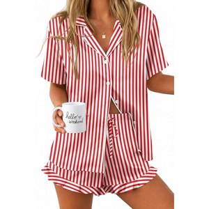 Ekouaer Silk Satin Pajamas for Women Button Down Pjs Shorts Set with Ruffle(Red White Stripe)