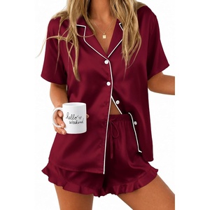 Ekouaer Silk Satin Pajamas for Women Button Down Pjs Shorts Set with Ruffle(Wine Red)