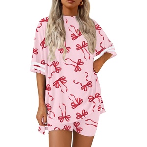 Ekouaer Womens Pajamas Casual 2 Piece Short Sleeve Biker Shorts Lounge Set(Bow Knot Pink Red)
