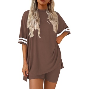 Ekouaer Womens Pajamas Casual 2 Piece Short Sleeve Biker Shorts Lounge Set(Brown)