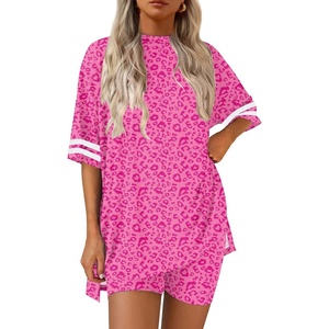 Ekouaer Womens Pajamas Casual 2 Piece Short Sleeve Biker Shorts Lounge Set(Leopard Rose)