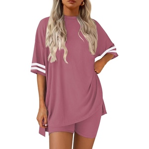 Ekouaer Womens Pajamas Casual 2 Piece Short Sleeve Biker Shorts Lounge Set(Purple Red)