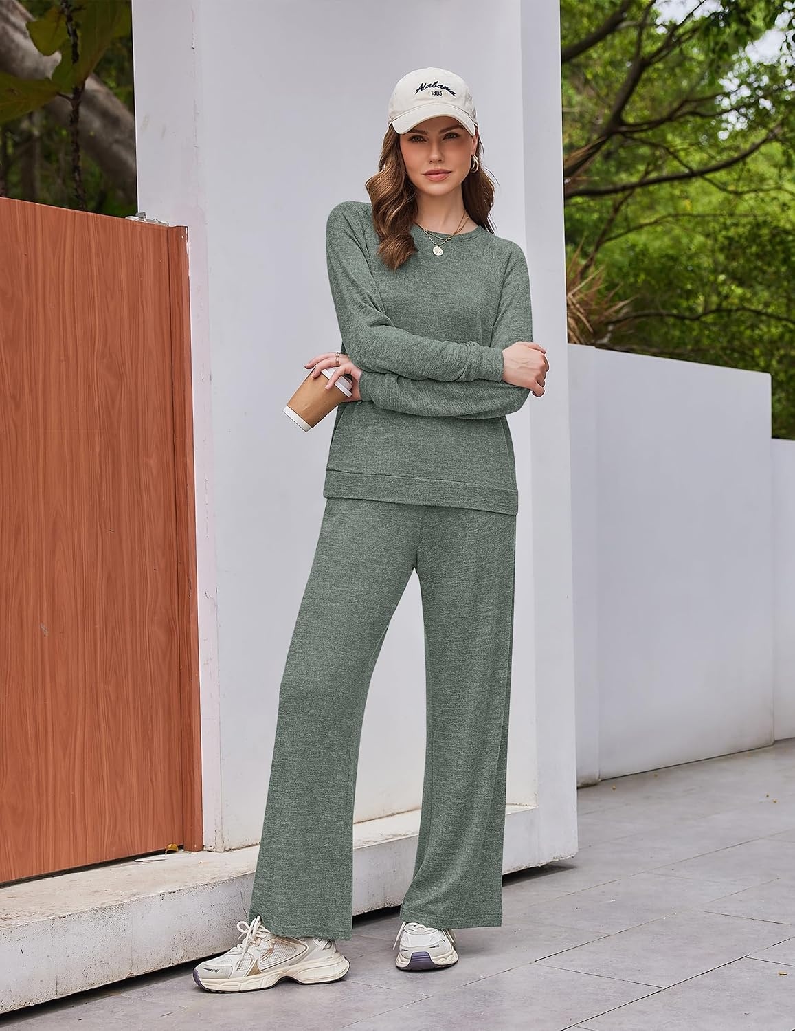 image:imageEkouaer Pajama Sets for Women Long Sleeve Sleepwear Crew Neck Pj Lounge SetArmy Green