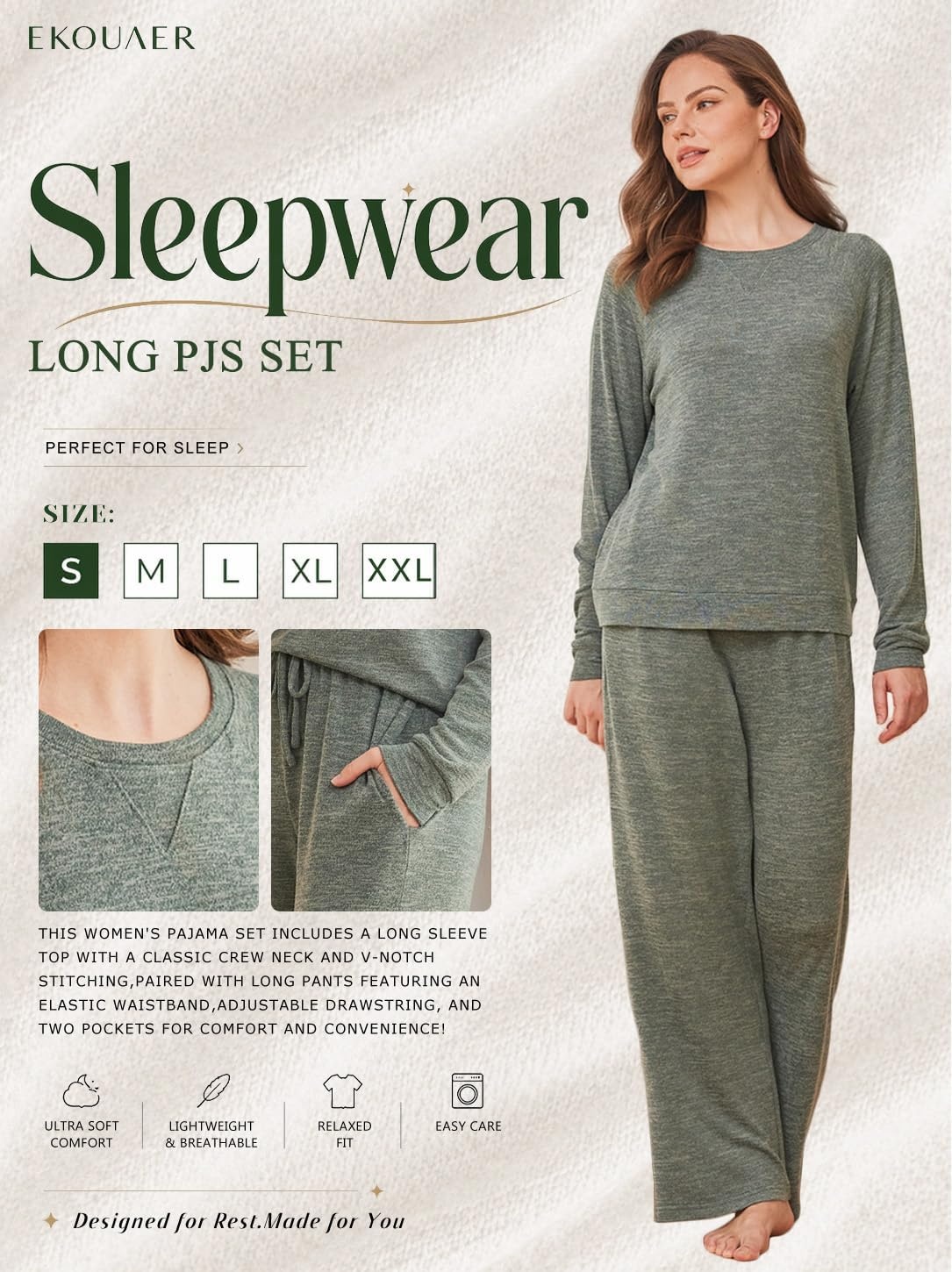 image:imageEkouaer Pajama Sets for Women Long Sleeve Sleepwear Crew Neck Pj Lounge SetArmy Green