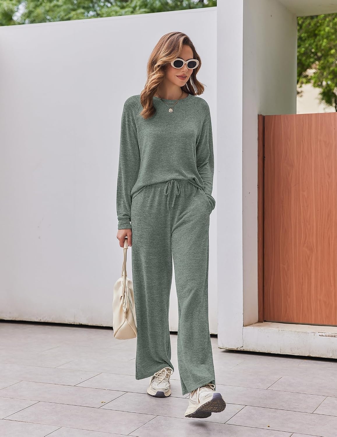 image:imageEkouaer Pajama Sets for Women Long Sleeve Sleepwear Crew Neck Pj Lounge SetArmy Green