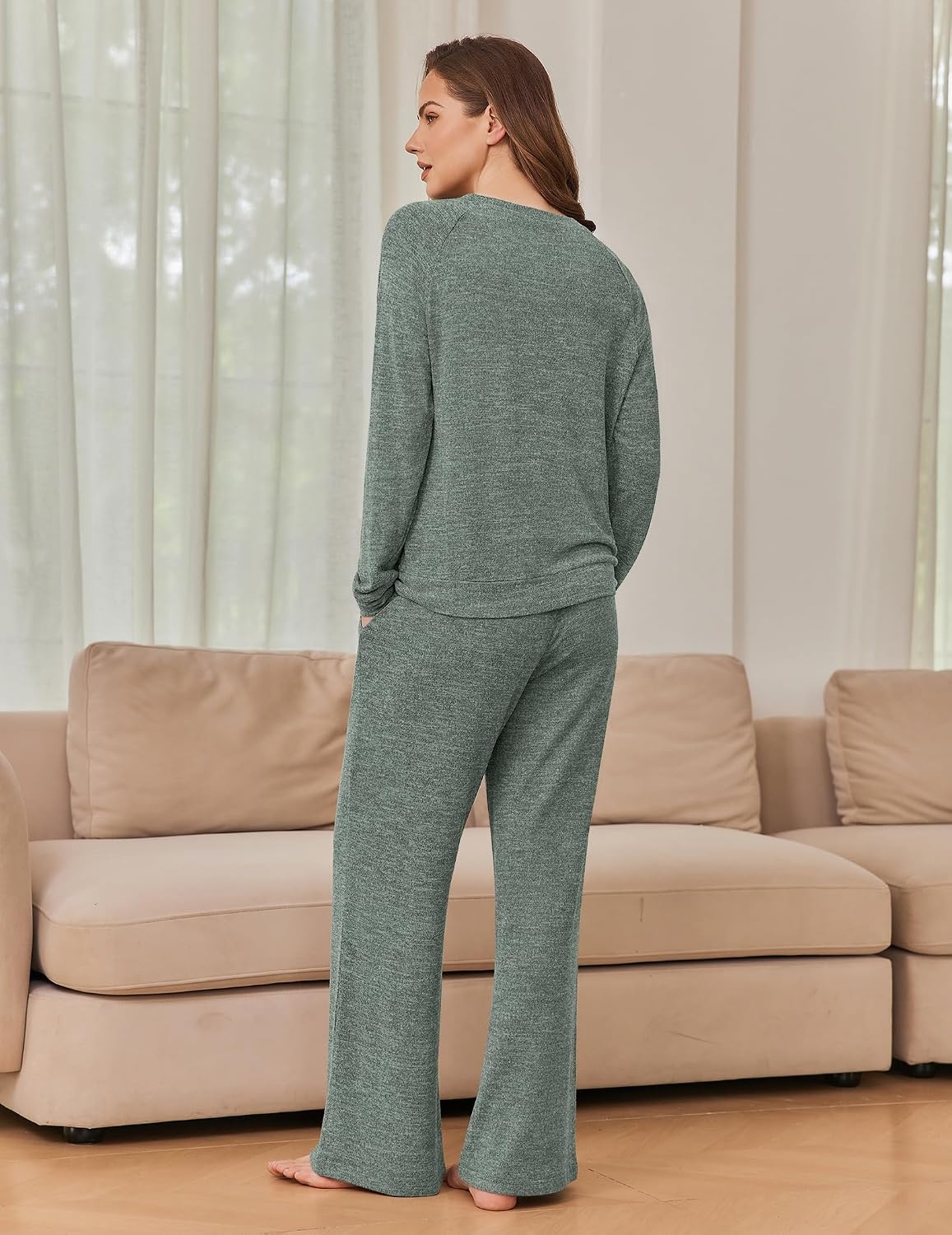 image:imageEkouaer Pajama Sets for Women Long Sleeve Sleepwear Crew Neck Pj Lounge SetArmy Green