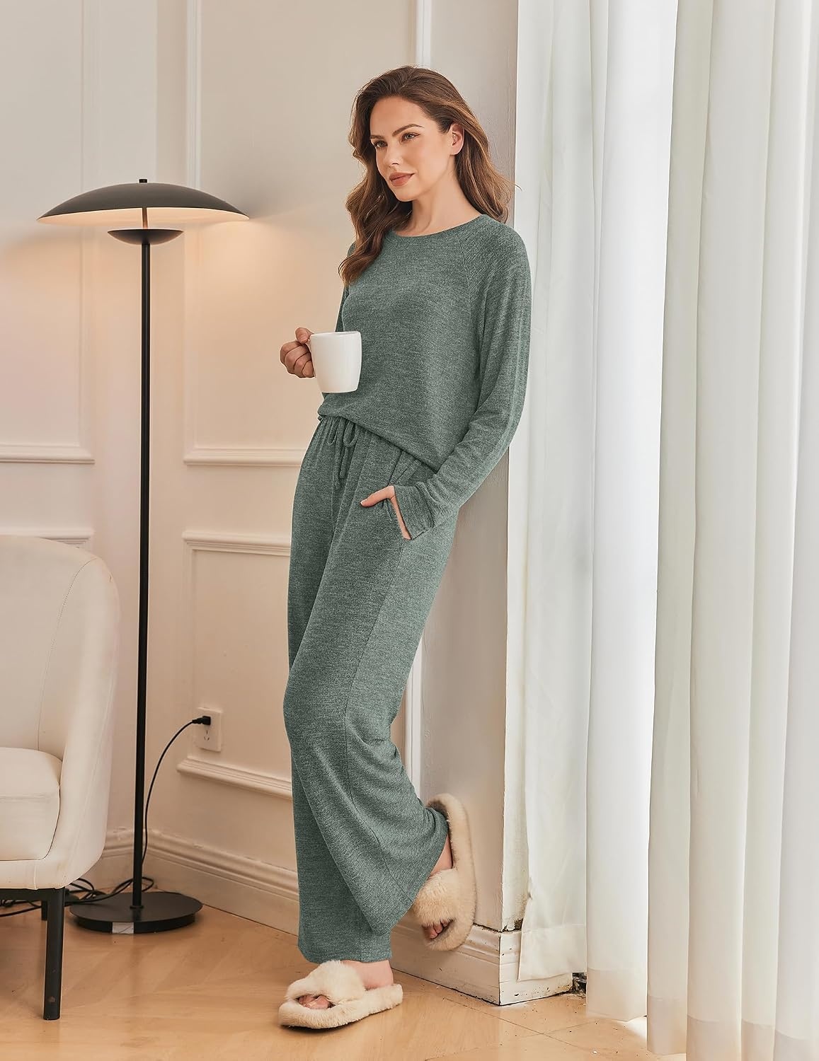 image:imageEkouaer Pajama Sets for Women Long Sleeve Sleepwear Crew Neck Pj Lounge SetArmy Green