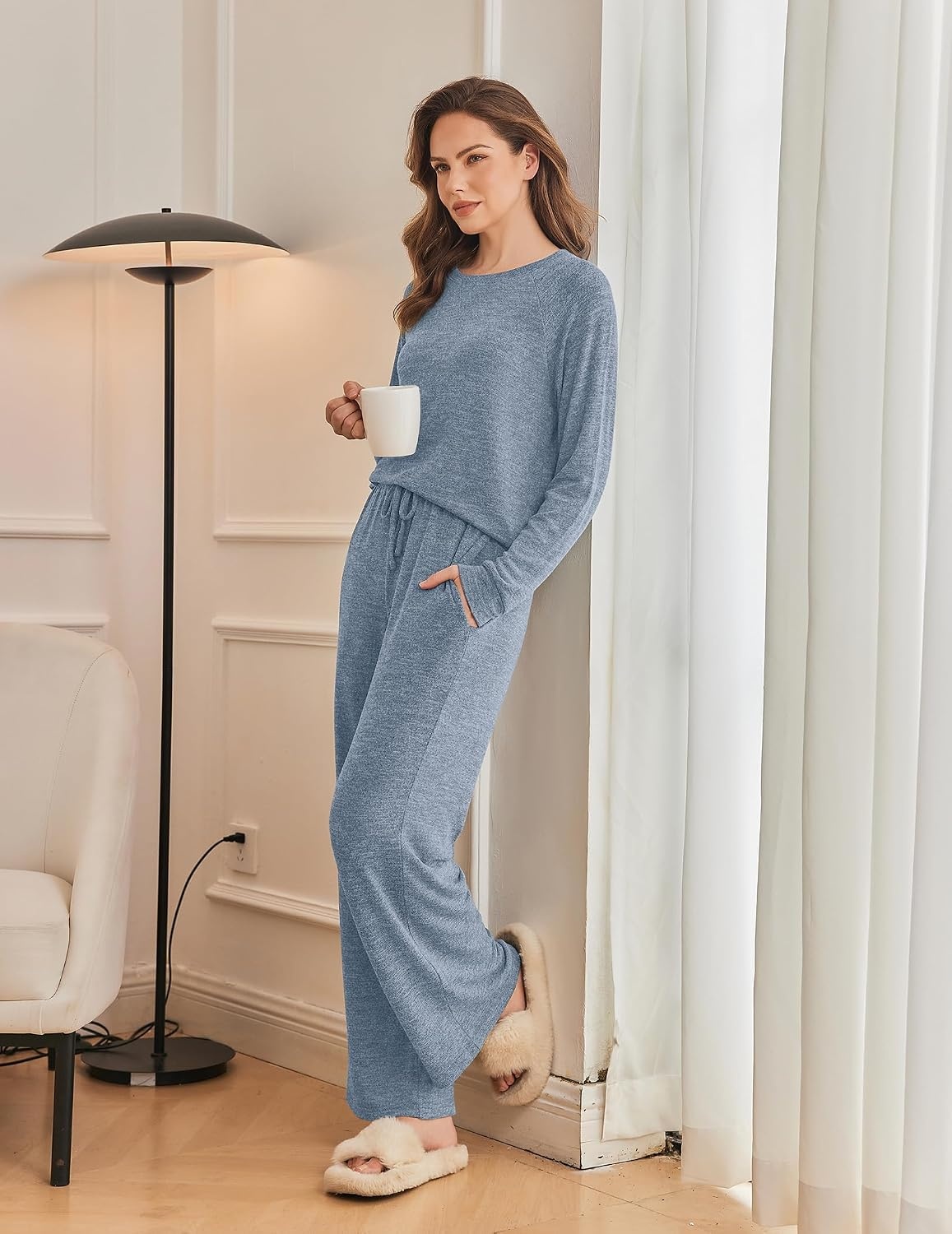image:imageEkouaer Pajama Sets for Women Long Sleeve Sleepwear Crew Neck Pj Lounge SetBlue