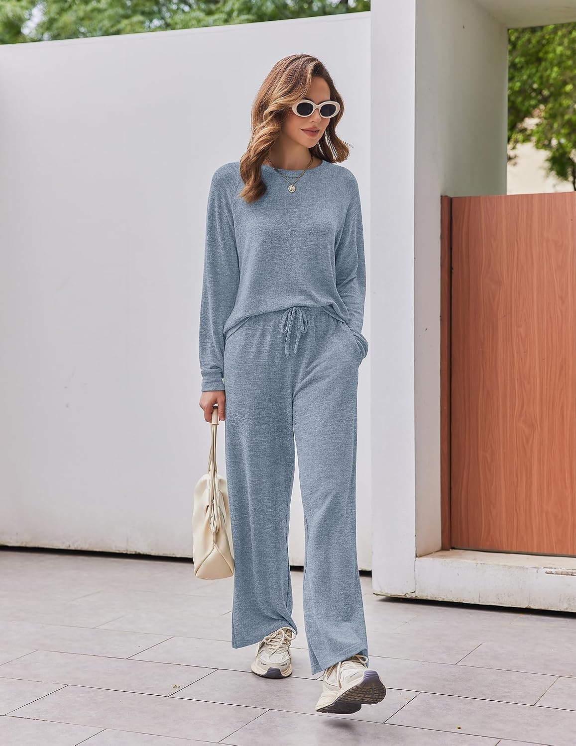 image:imageEkouaer Pajama Sets for Women Long Sleeve Sleepwear Crew Neck Pj Lounge SetBlue