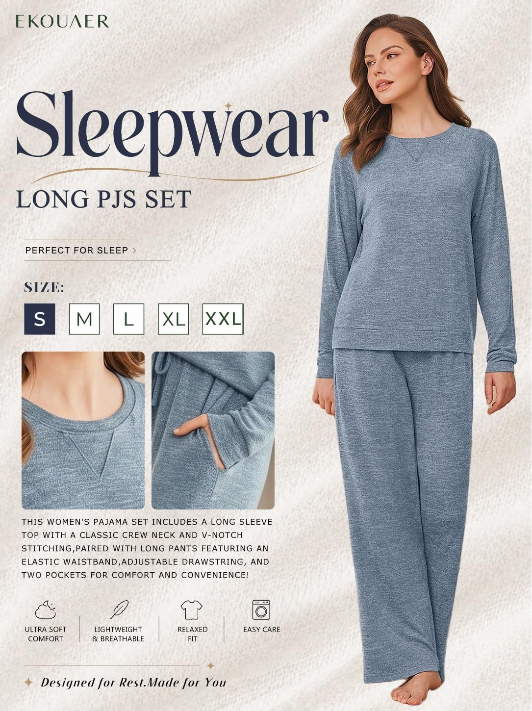 image:imageEkouaer Pajama Sets for Women Long Sleeve Sleepwear Crew Neck Pj Lounge SetBlue