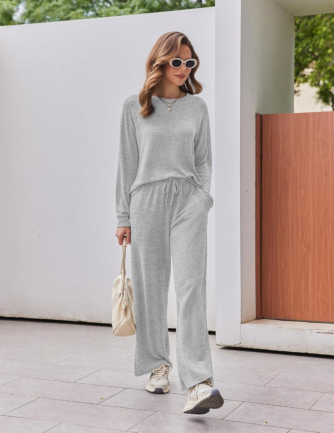 image:imageEkouaer Pajama Sets for Women Long Sleeve Sleepwear Crew Neck Pj Lounge SetLight Grey