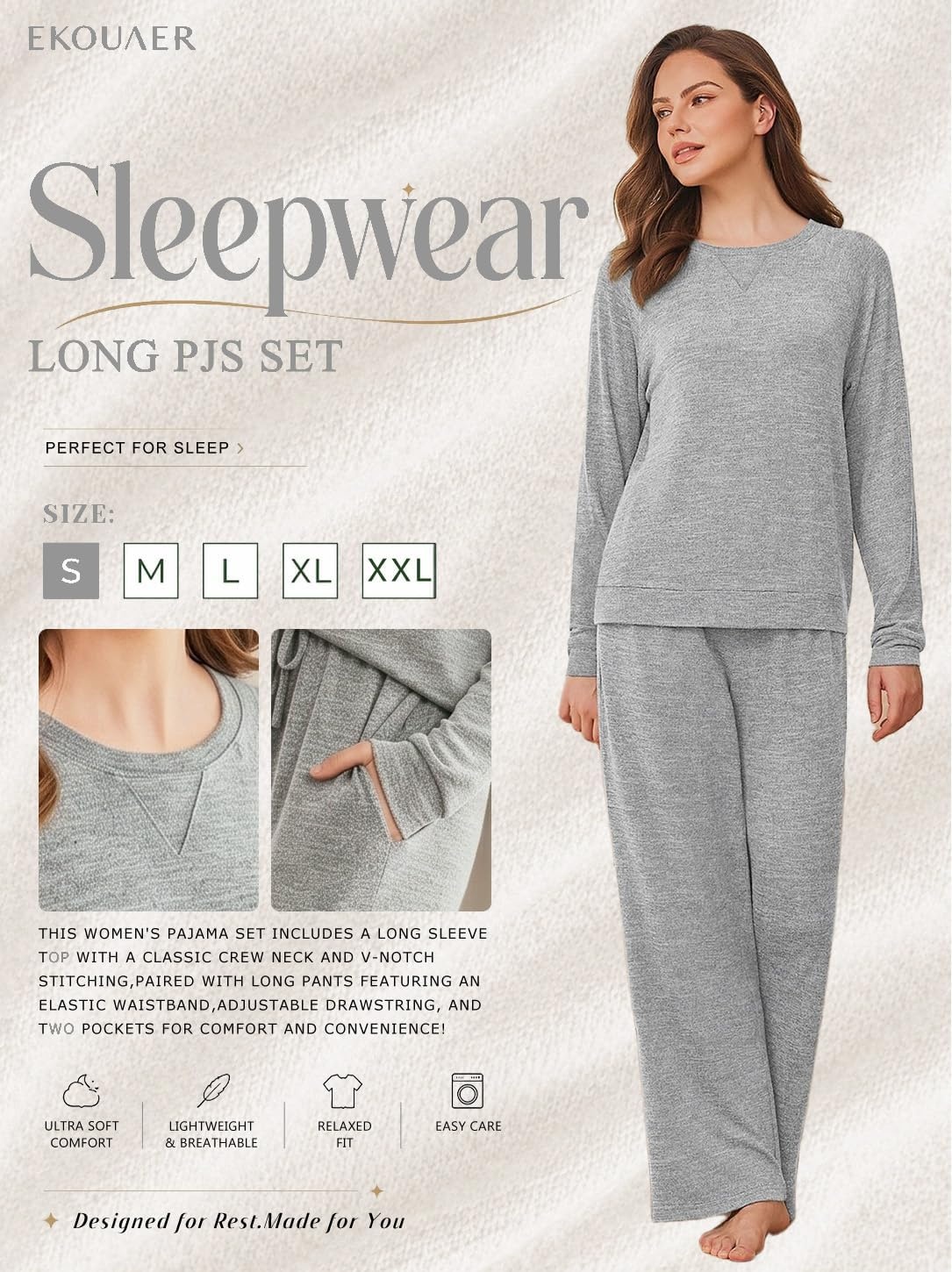 image:imageEkouaer Pajama Sets for Women Long Sleeve Sleepwear Crew Neck Pj Lounge SetLight Grey