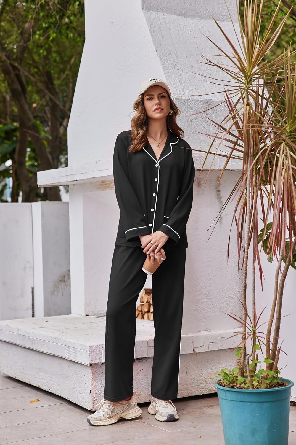 image:imageEkouaer Womens Cotton Pajamas Set Long Sleeve Button Down Pjs with PocketsBlack