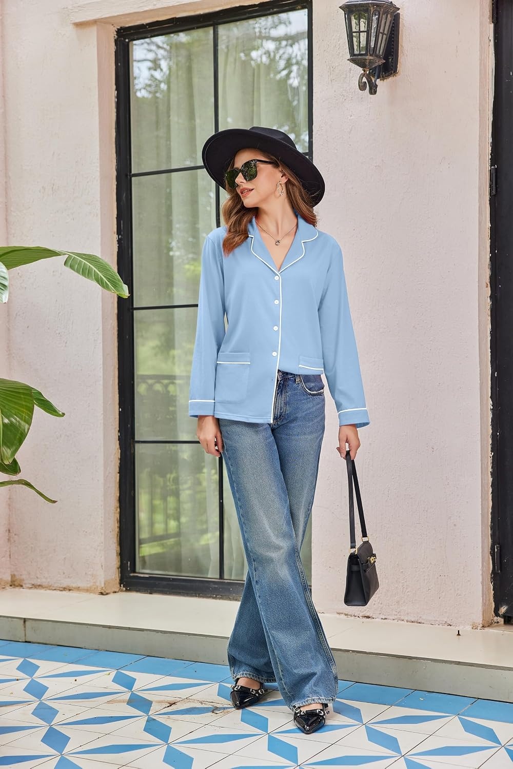 image:imageEkouaer Womens Cotton Pajamas Set Long Sleeve Button Down Pjs with PocketsBlue