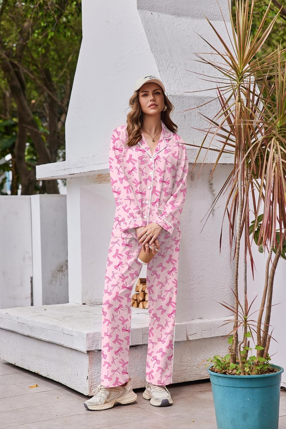 image:imageEkouaer Womens Cotton Pajamas Set Long Sleeve Button Down Pjs with PocketsBow