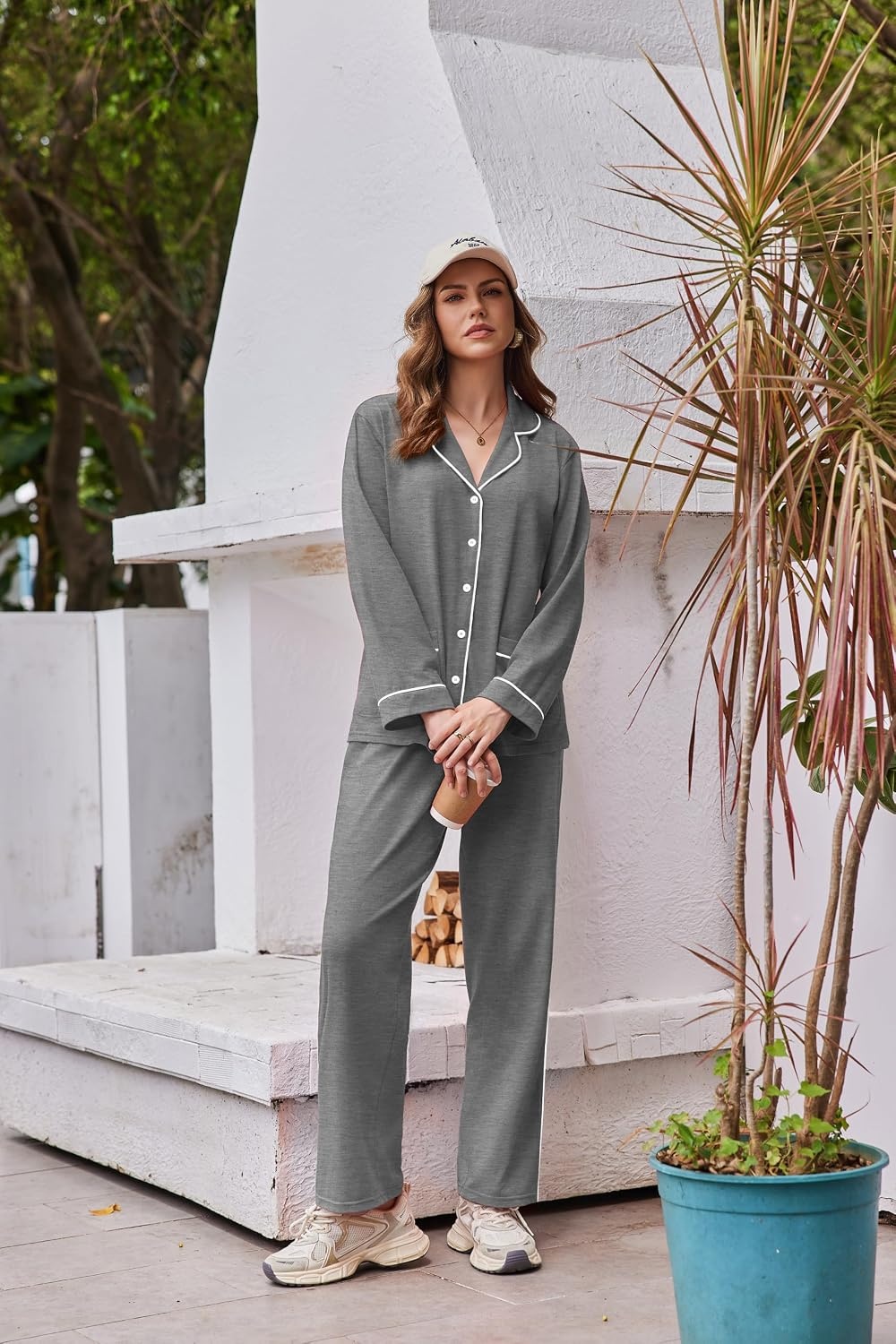 image:imageEkouaer Womens Cotton Pajamas Set Long Sleeve Button Down Pjs with PocketsDark Grey