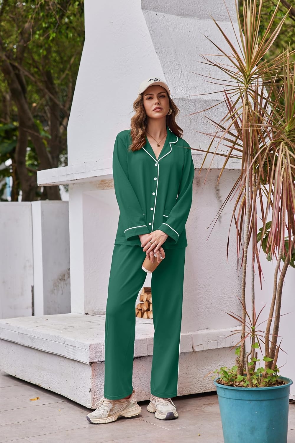 image:imageEkouaer Womens Cotton Pajamas Set Long Sleeve Button Down Pjs with PocketsGreen