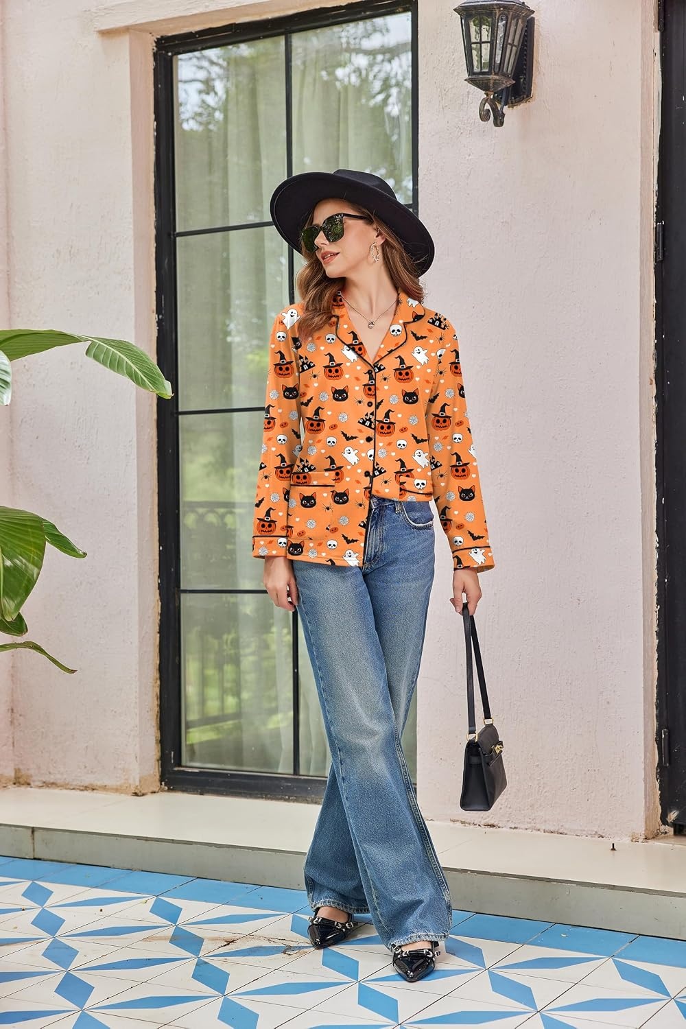 image:imageEkouaer Womens Cotton Pajamas Set Long Sleeve Button Down Pjs with PocketsHalloween
