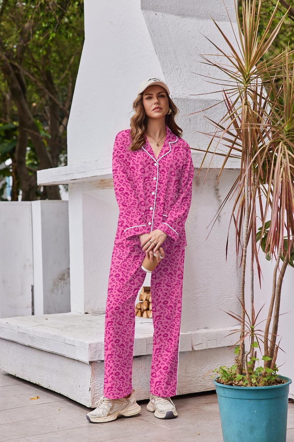 image:imageEkouaer Womens Cotton Pajamas Set Long Sleeve Button Down Pjs with PocketsHot Pink Leopard