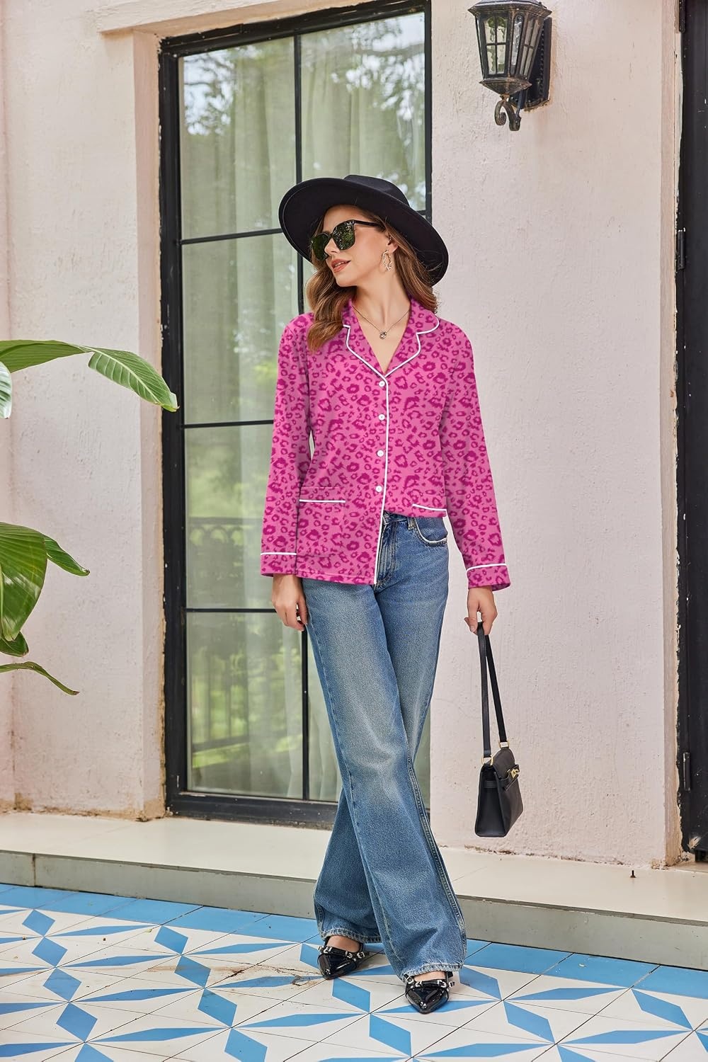 image:imageEkouaer Womens Cotton Pajamas Set Long Sleeve Button Down Pjs with PocketsHot Pink Leopard