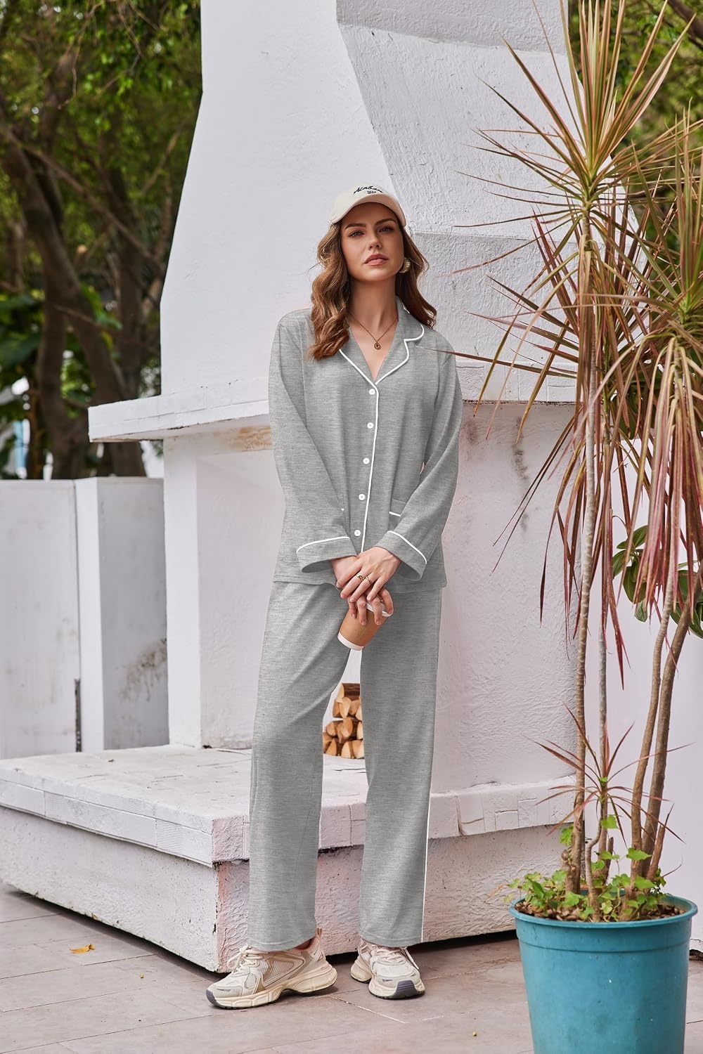 image:imageEkouaer Womens Cotton Pajamas Set Long Sleeve Button Down Pjs with PocketsLight Grey
