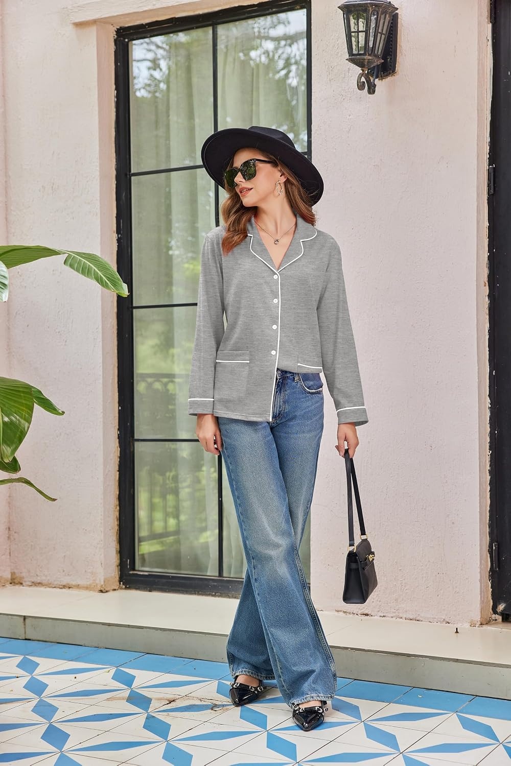 image:imageEkouaer Womens Cotton Pajamas Set Long Sleeve Button Down Pjs with PocketsLight Grey