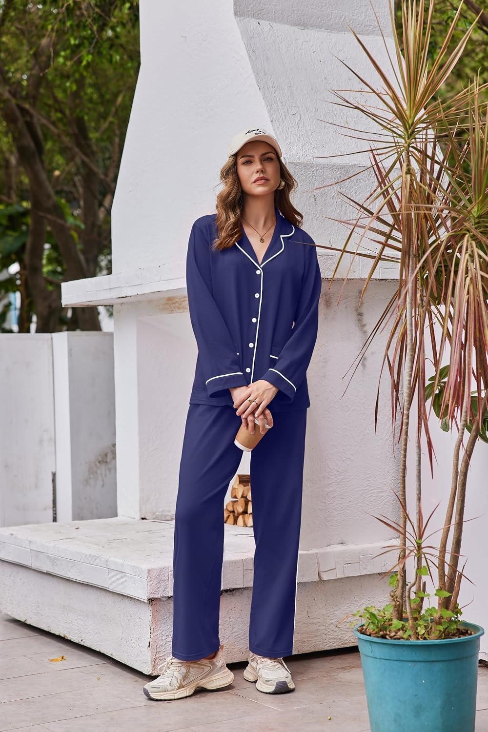 image:imageEkouaer Womens Cotton Pajamas Set Long Sleeve Button Down Pjs with PocketsNavy Blue