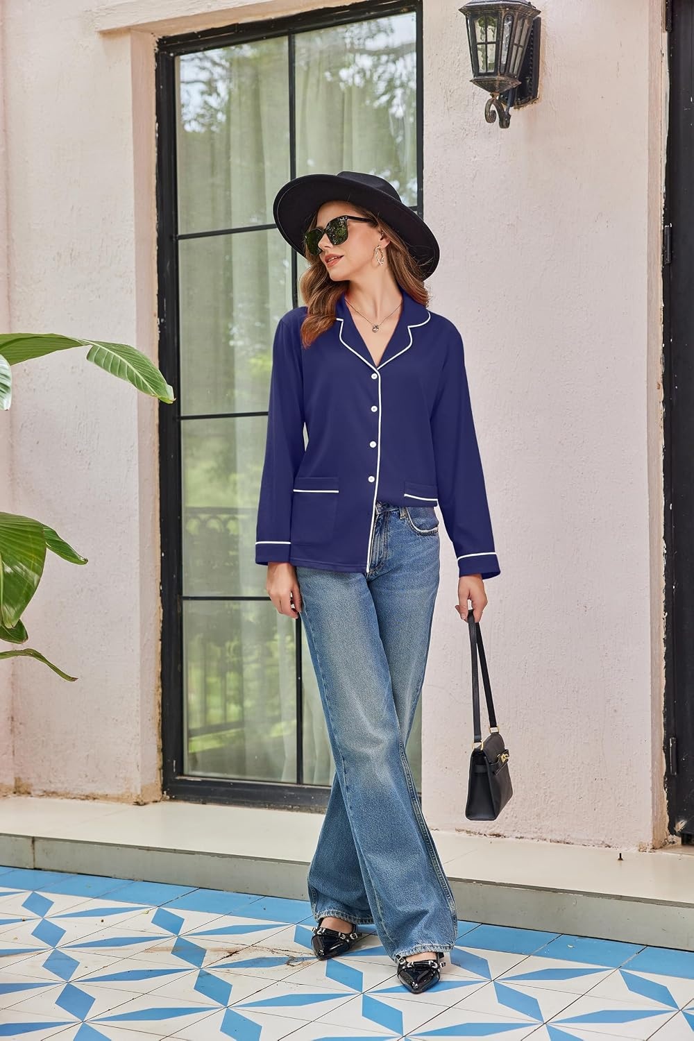 image:imageEkouaer Womens Cotton Pajamas Set Long Sleeve Button Down Pjs with PocketsNavy Blue