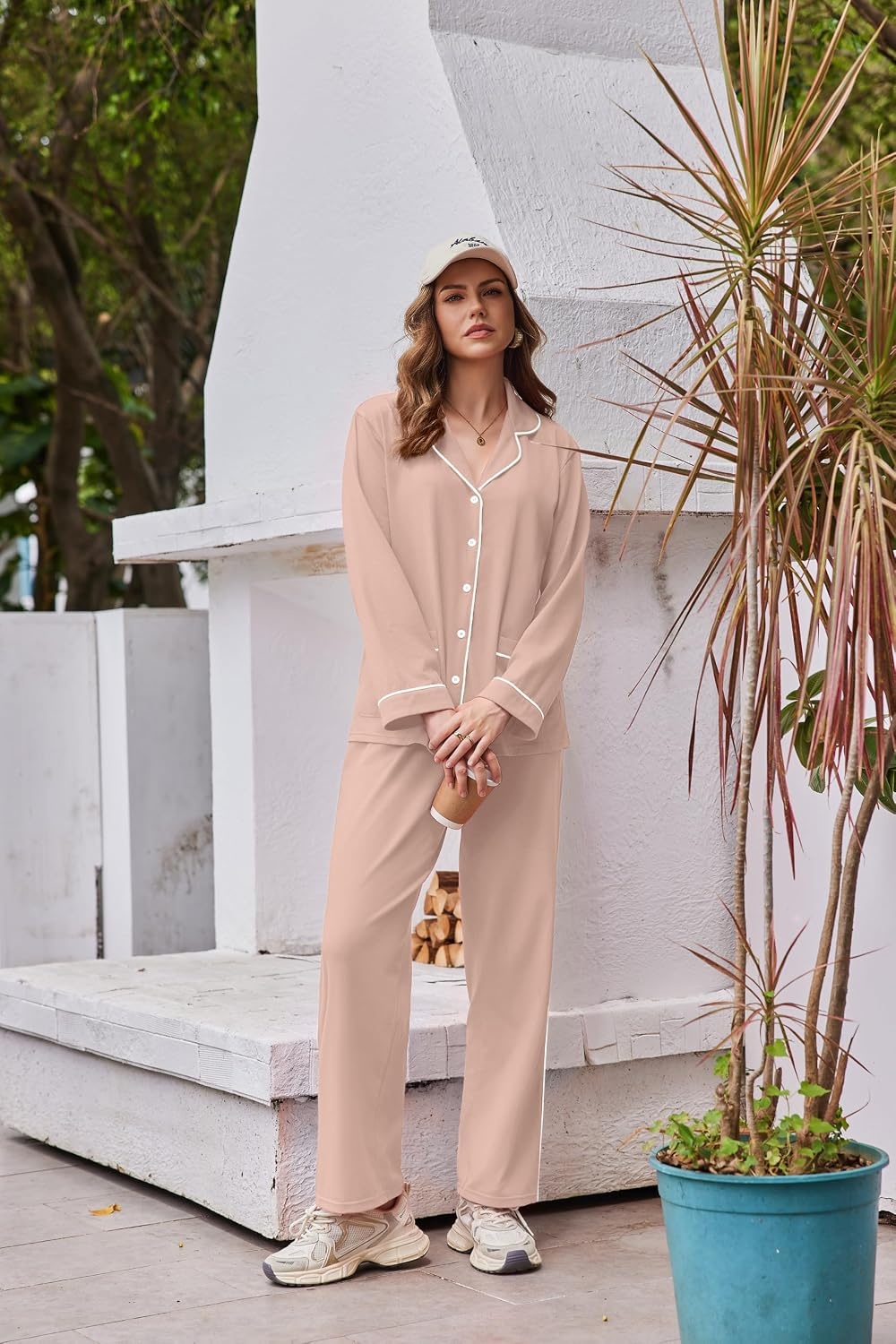 image:imageEkouaer Womens Cotton Pajamas Set Long Sleeve Button Down Pjs with PocketsPink